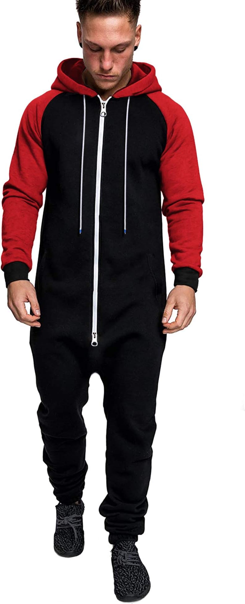 COOFANDYMens Jumpsuit Onesie Rompers Drawtsring Hooded Full Zip One Piece Tracksuit with Pockets