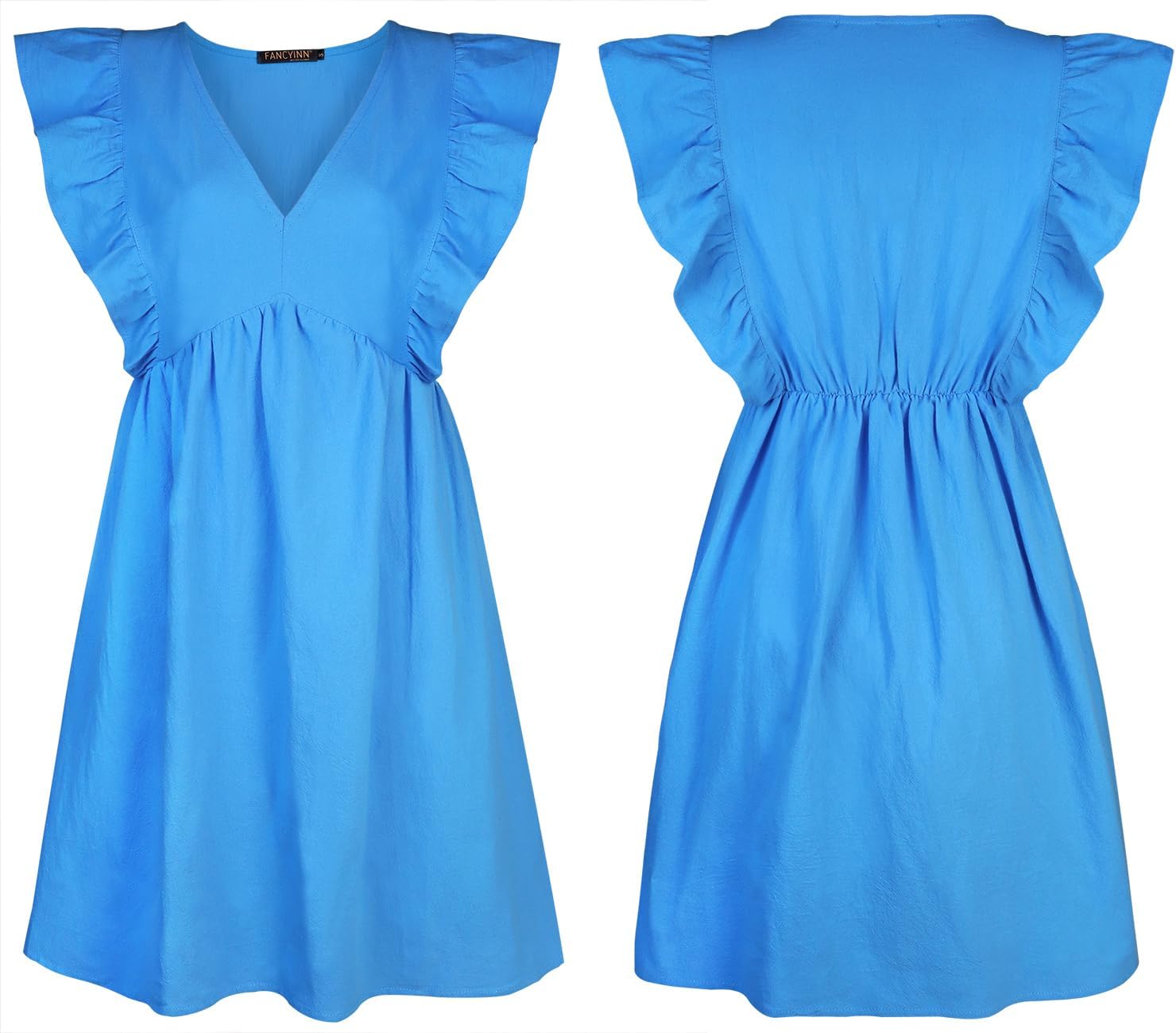 FANCYINN Women's Summer Casual Babydoll Mini Dress Ruffle Sleeveless Deep V Neck Pleated Swing Flowy Tunic Dress - Image 6