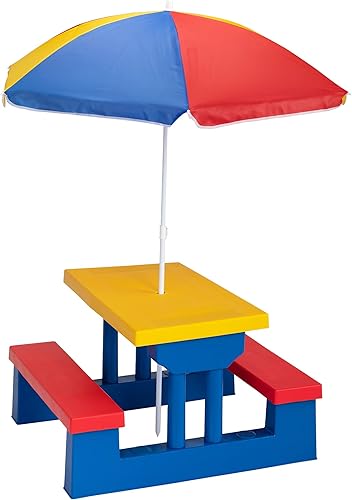 Bellemave Mesa de picnic para niños con paraguas extraíble mesa de fiesta al aire libre y banco para niños pequeños a la hora del té patio trasero