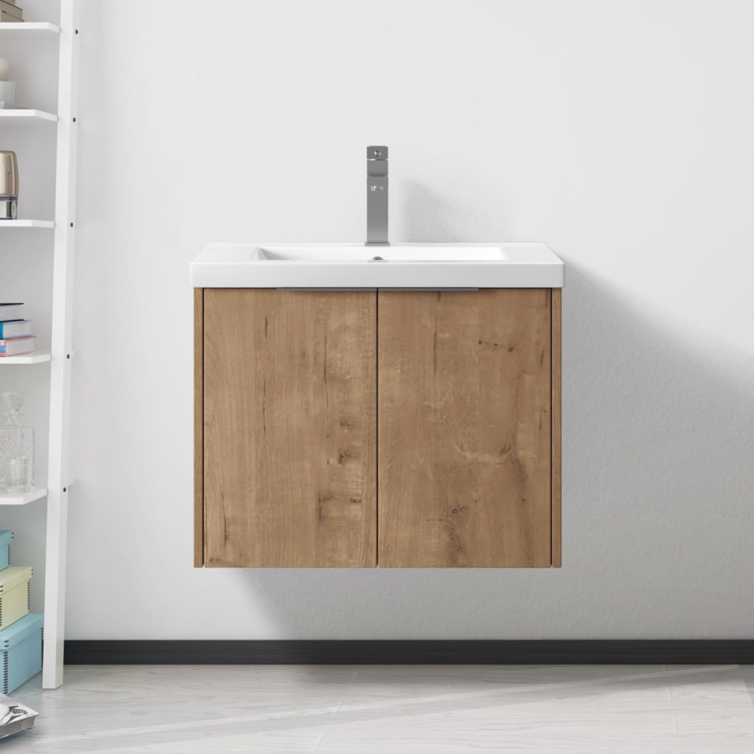 Bathroom Vanity with Sinks and Optional Storage-Shelves - Wall Mounted, Modern Style, Soft Close Doors, Resin-Sink, Ideal for Bathrooms (Imitative Oak,24" Sink)