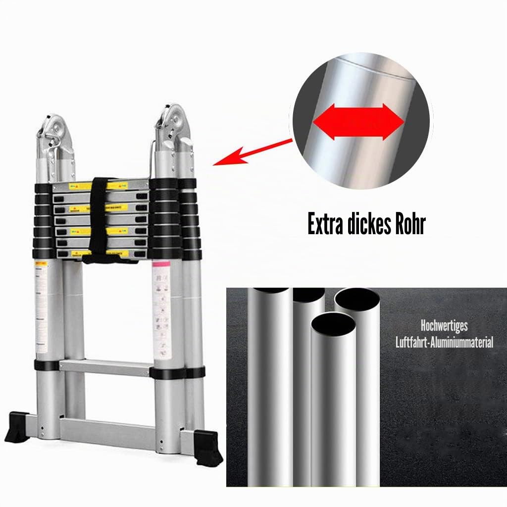 Teleskopleiter 5m mit Stabilisatorstange Aluleiter Klappleiter EN131-zertifizierte Klapp - und Anlegeleiter 16 Sprossen - 93cm bis 5m Anlegeleiter, 150 kg Belastbarkeit (2.5+2.5M)
