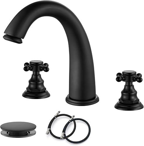 gotonovo Grifo de fregadero de baño con 3 agujeros, 2 asas, con drenaje desplegable con válvulas mezcladoras calientes y frías, grifo de baño