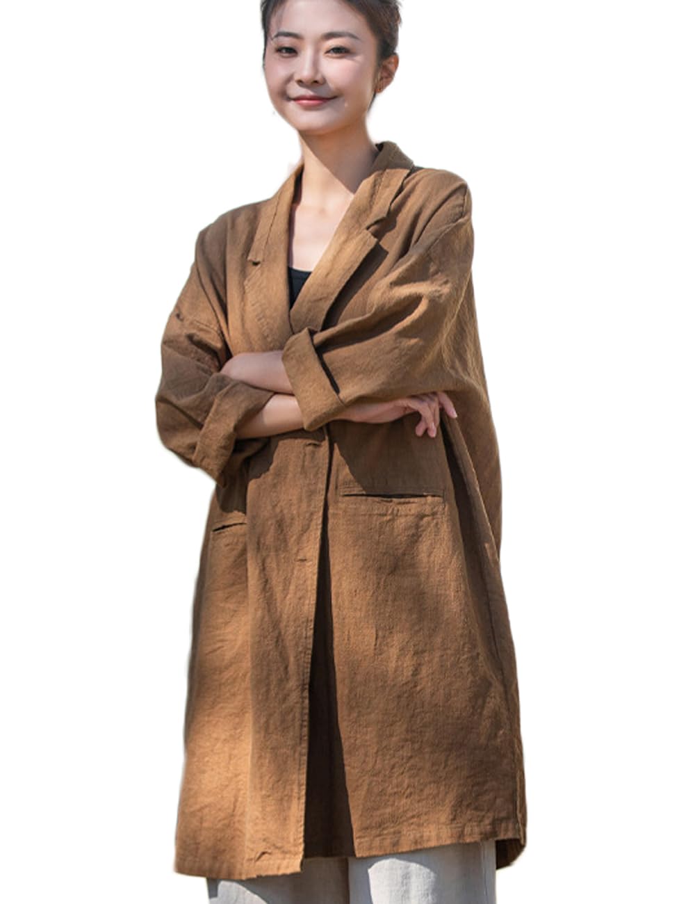 NFYM Womens Linen Long Blazers Notch Lapel Open Front Button Casual Loose Suit Coat Jackets with Pockets