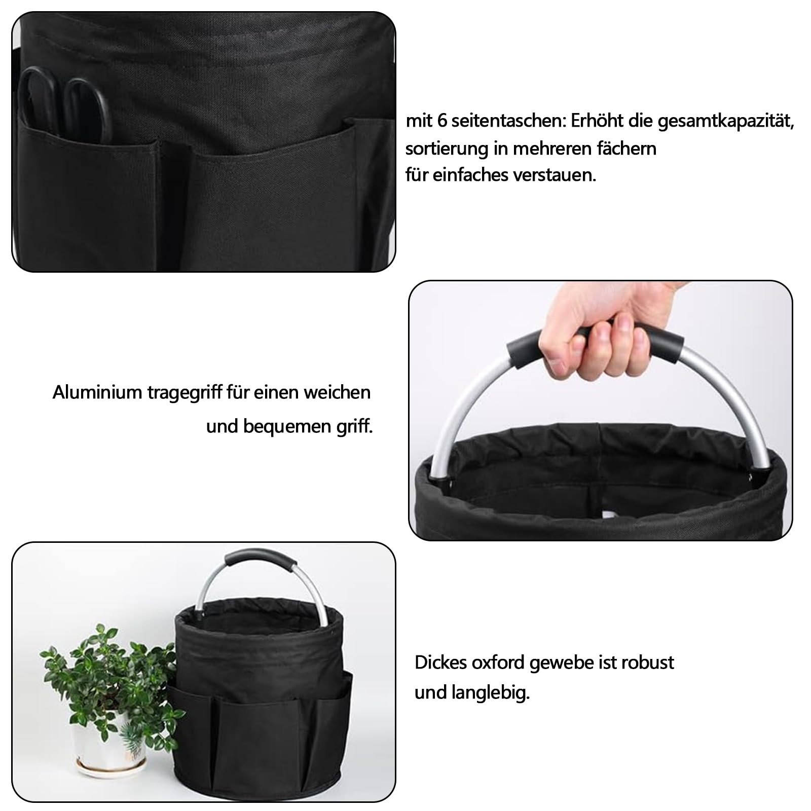 Organizer na środki czyszczące, uniwersalny Caddy, 28 x 28 cm, składany kosz do przechowywania, z uchwytem i 6 przegródkami, torba do czyszczenia wnętrz, ogrodu, łazienki, czarny