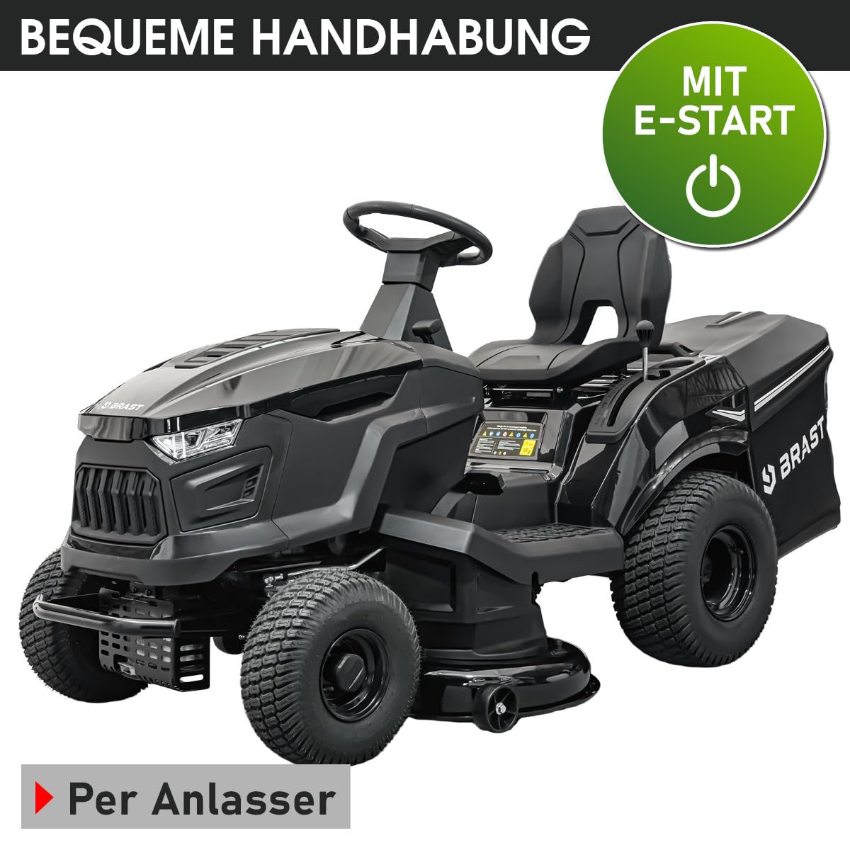 BRAST Benzin Rasentraktor Aufsitzmäher | 9,2 kW (12,5 PS) | Elektrostart | XXL Schnittbreite 98cm | 2in1-Funktion | 7-Gang-Getriebe | 245L Fangkorb | für große Rasenflächen 1.000-5.000 m²