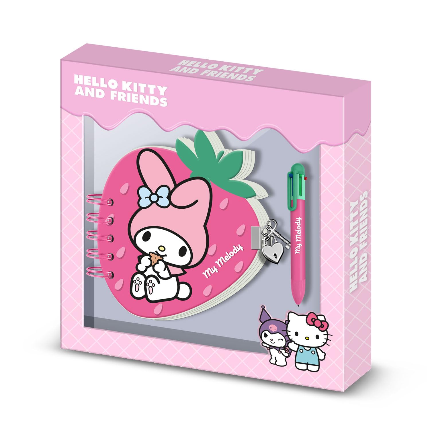 Hello Kitty My Melody Strawberry-Pack of Strawberry Diary + 6-Coloured Pen, Pink