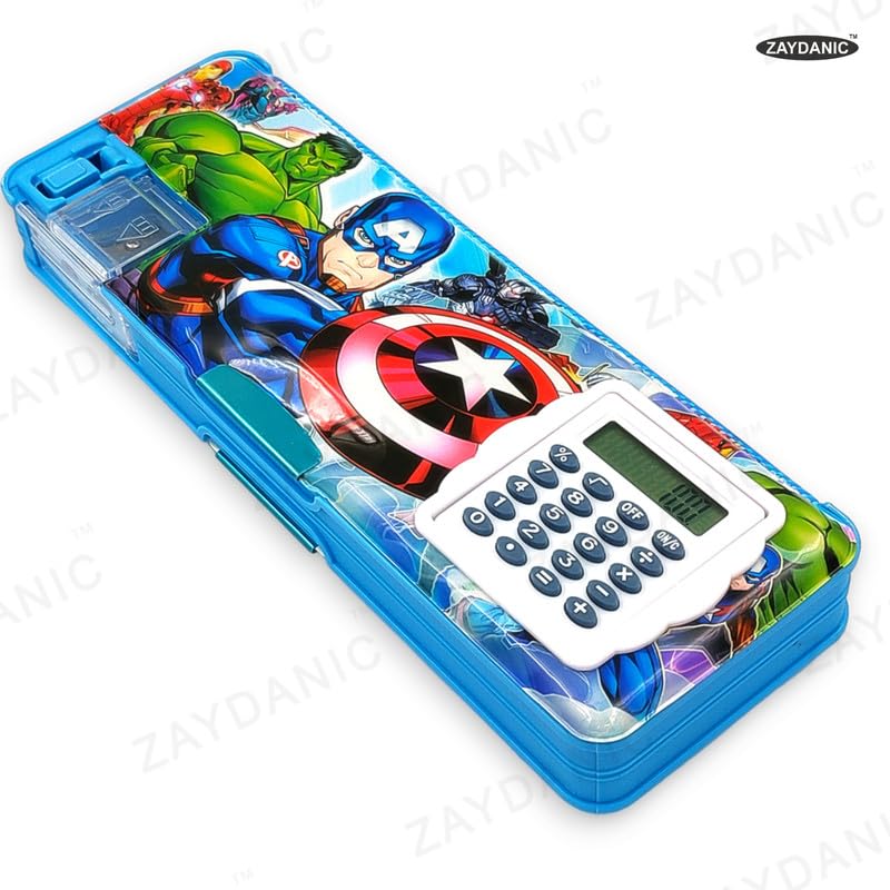 Image of Avenger Pencil Box Integrated Sharpener and Calculator, Magnetic Lock, Dual Compartments, Cartoon Stationery Case School Kit for Girls, Kids, Students Combo Set of 5in1