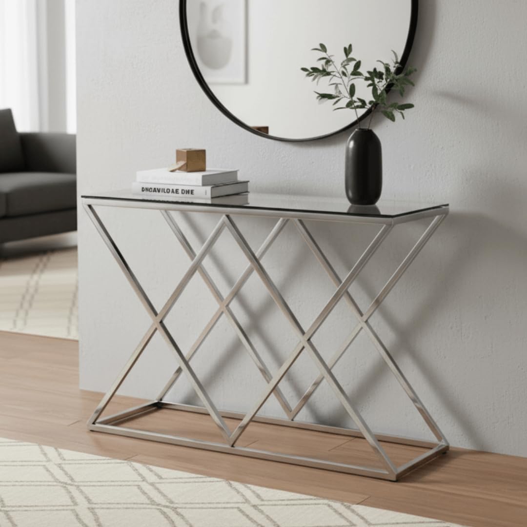 Vanity Living Console Table Modern Tempered Glass Top, Entryway Table Porto Chrome Sturdy Stainless Steel Frame, Narrow Hallway Table for Living Room