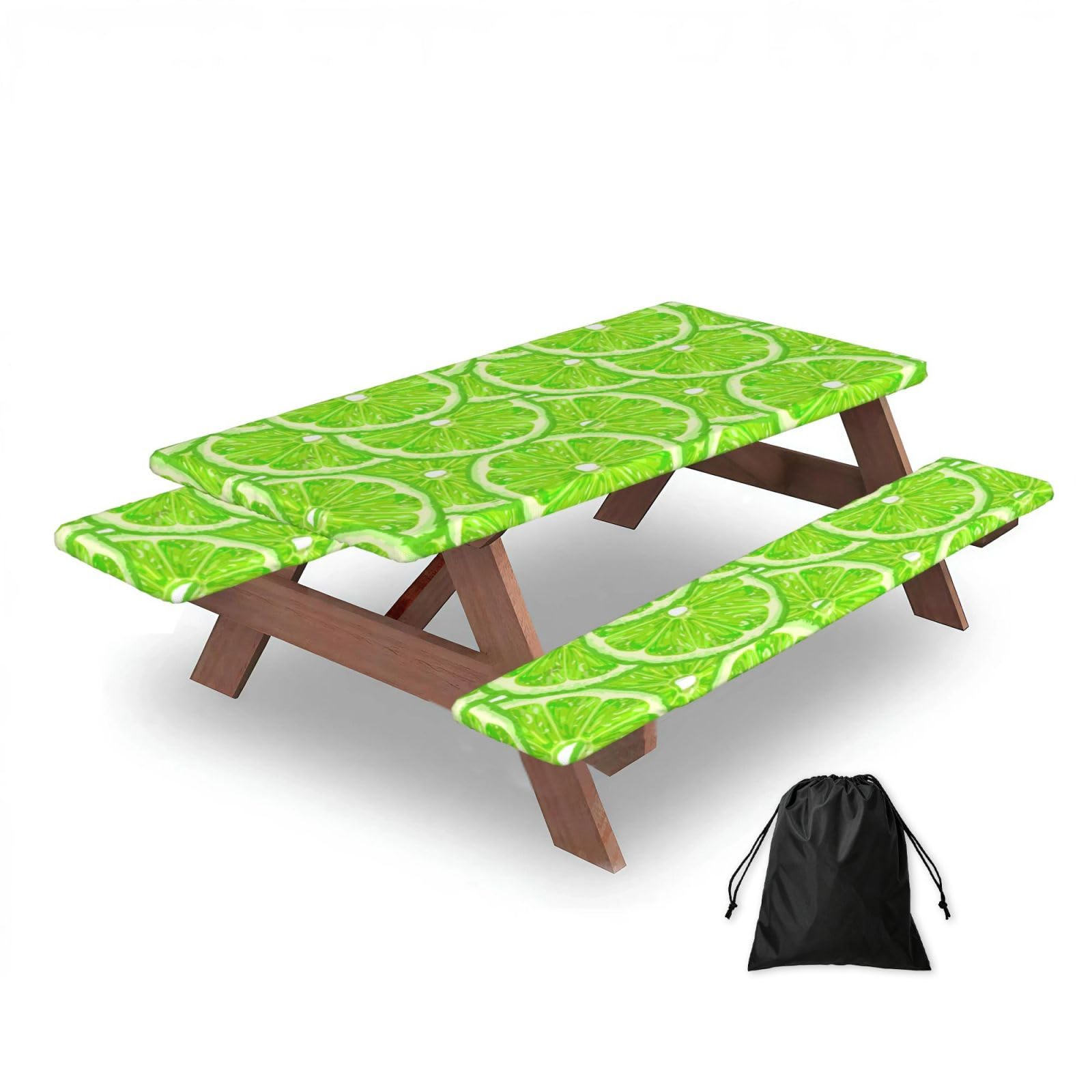 Lime Green Pattern, Picnic Table Cover With Bench Covers -Waterproof Elastic Fitted Tablecloth for Garden Camping Patio 76x152cm
