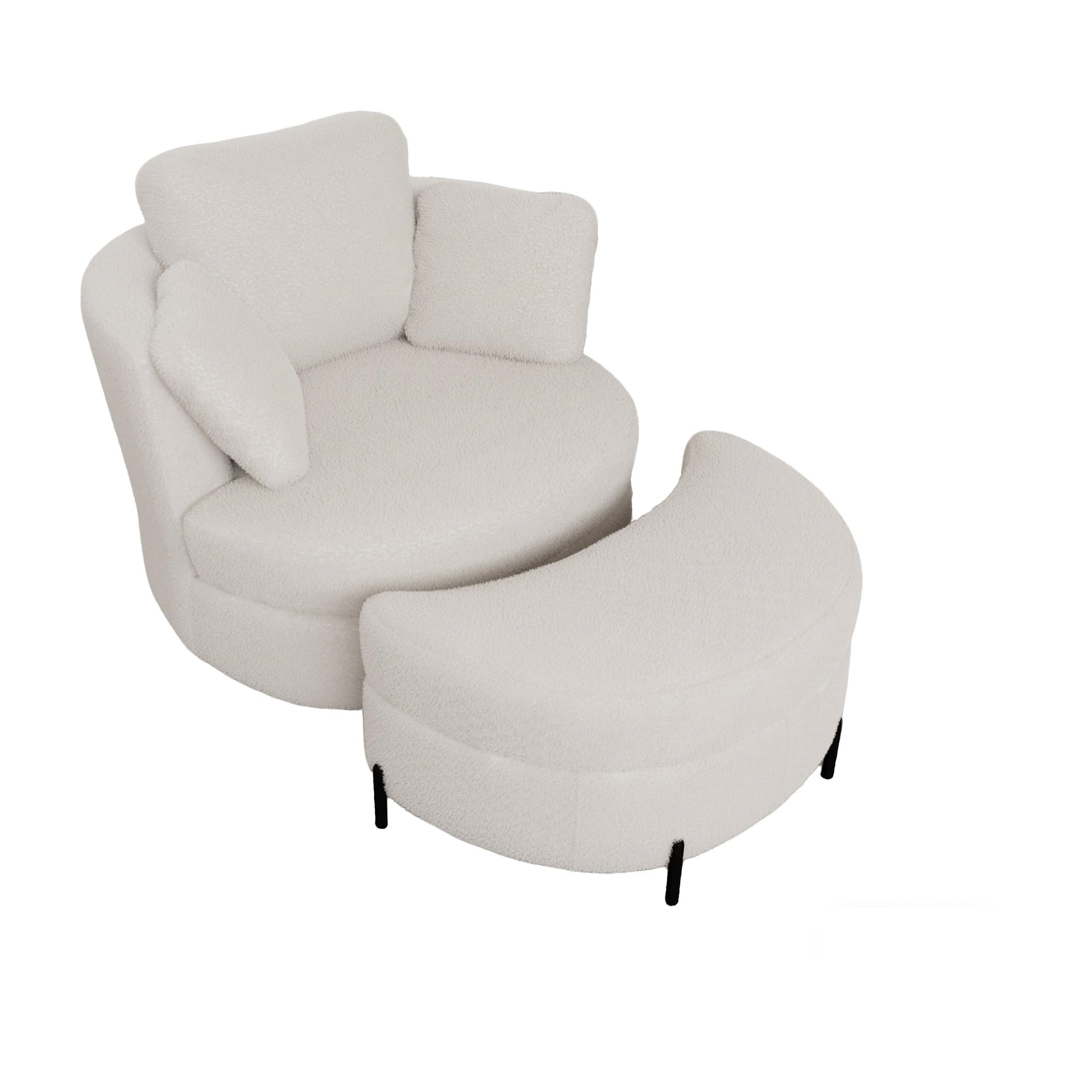 Sillón giratorio grande con taburete y espacio de almacenamiento, giratorio 360 °, sillón de chenilla con cojín, cómodo sillón de lectura, sillón de relax para salón dormitorio (Ivory)