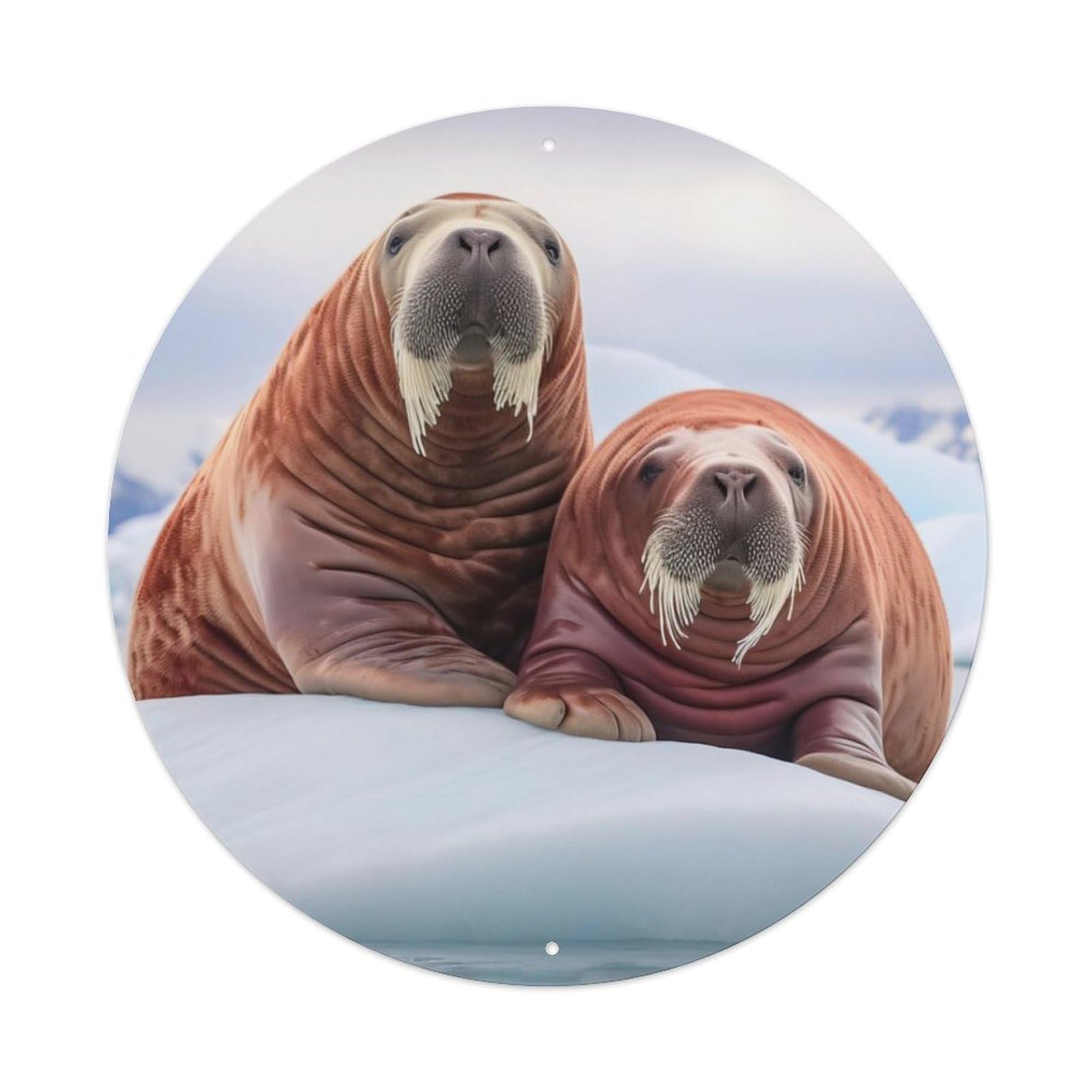 Marine Animal Cute Pacific Walrus Vintage Metal Tin Sign Plaque Wall Decor for Cafe, Club, Garden Round Metal Poster 8x8Inch
