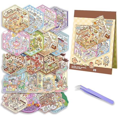 MINGTIANGH 3Dシール シーンシールブック 造景 20種類 可愛い 趣味 ストレス解消 癒し ハウスステッカー 紙ミニチュア模型 おもちゃ 立体 紙素材 ミニチュア 手帳素材 DIY ピンセット付き