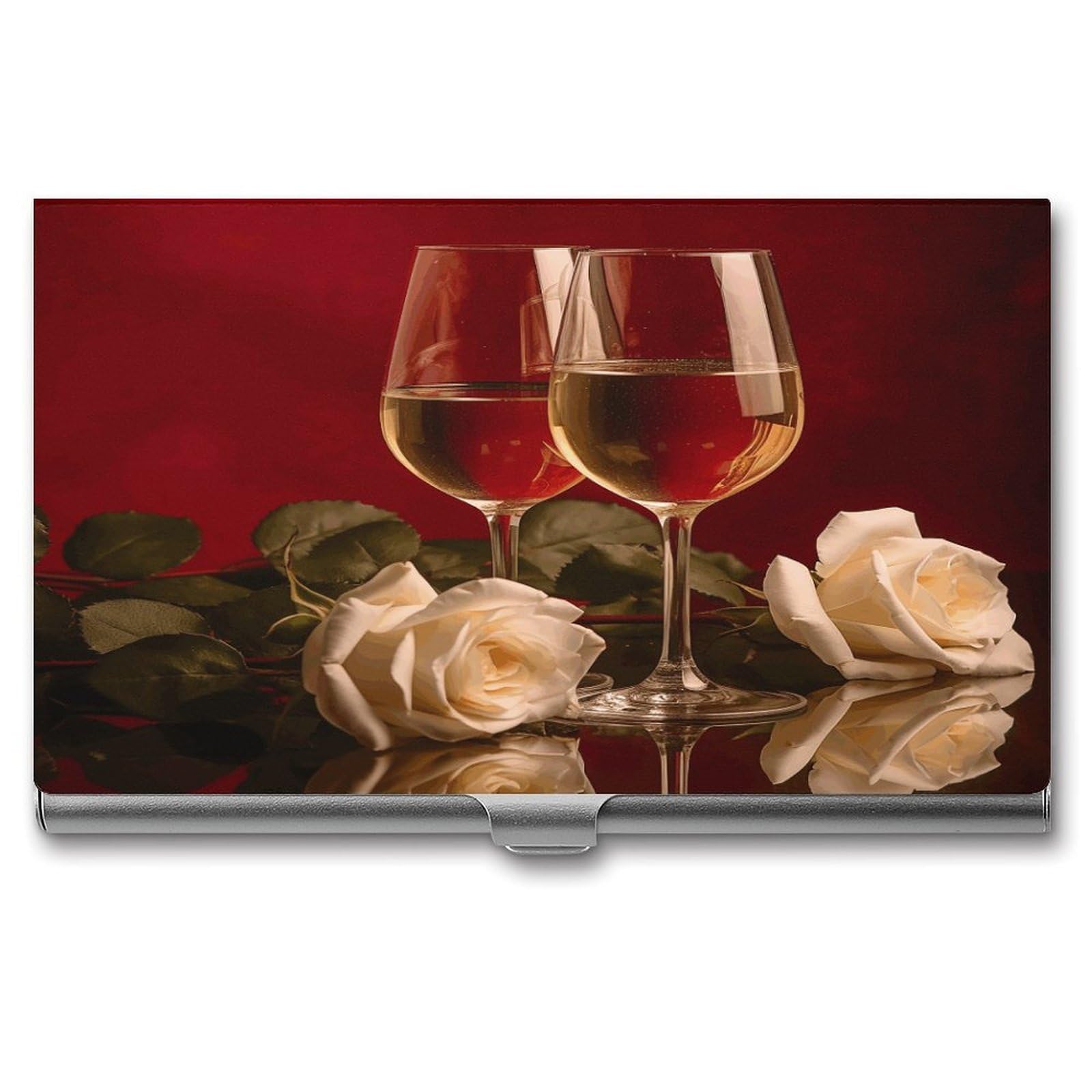 JTREHY Wine And Roses Business Card Holder Slim Purse Name Card Holder Portable Metal Business Card Case Wallet Large Capacity Lightweight Business Card Case for Men Women