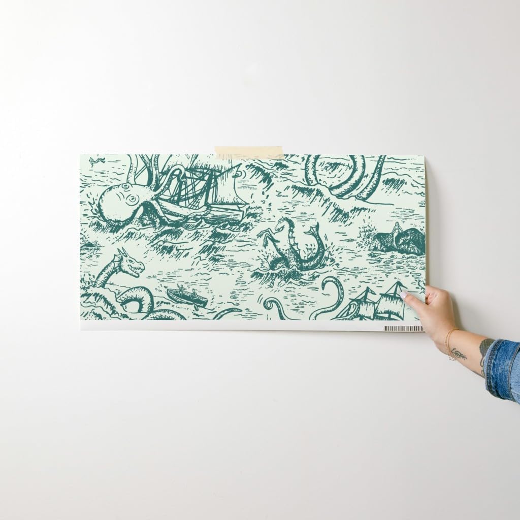Removable Wallpaper Swatch - Teal Green Sea Creatures Kraken Octupus Mythology Mermaid Toile Monster Ocean Hippocampus Horse Custom Pre-Pasted Wallpaper by Spoonflower