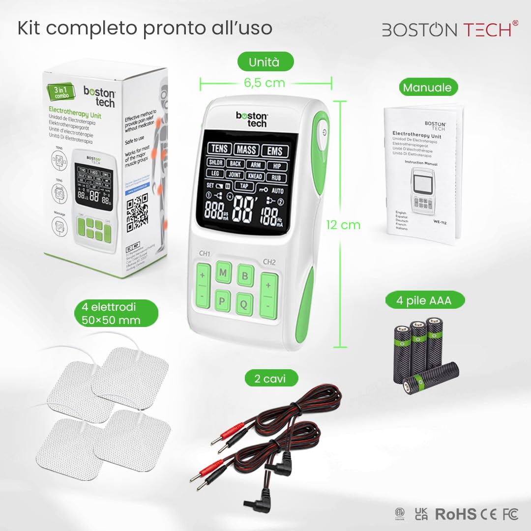 Stimolatore muscolare Boston Tech WE112 3 in 1 TENS/EMS | 36 programmi + intensità regolabile + 4 elettrodi | Sollievo dal dolore, riabilitazione e stimolazione muscolare | Batteria AAA inclusa