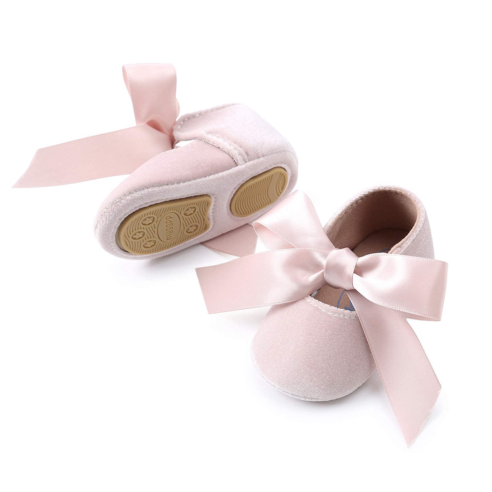KIDSUN Infant Baby Girls Mary Jane Shoes Soft Sole Ballet Slippers with Bow Princess Dress Wedding Shoes Newborn Crib Shoes First Walkers Shoes (A-Beige(Velvet), 12_Months)