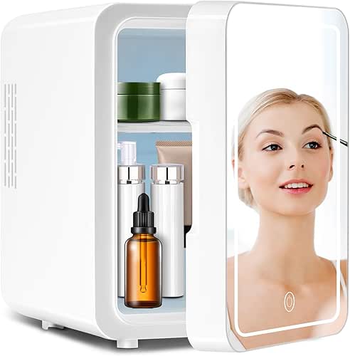 Skincare Fridge With Dimmable LED Mirror, 4L Makeup Mini Fridge