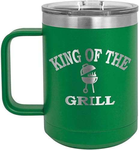 King Of The Grill Green Taza de café de 15 oz con tapa deslizante  Taza de café de viaje aislada  Idea de regalo para barbacoa y parrilla para