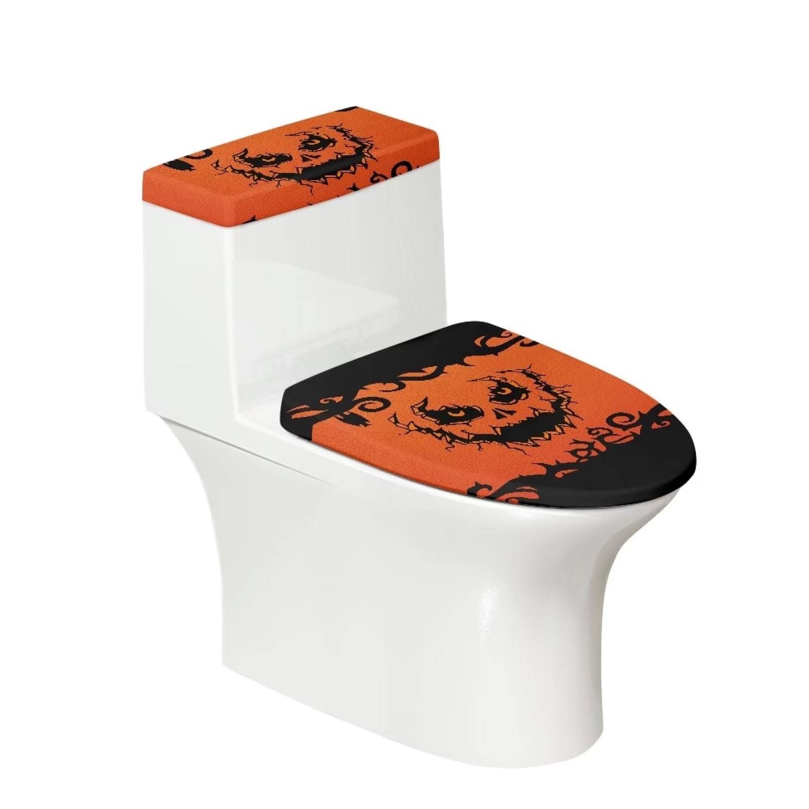 Eheartsgir Halloween Jack-o'-Lantern Pattern 2 Pcs Stretch Toilet Covers, Stain Resistant Soft Fabric Toilet Lid Cover Toilet Seat Tank Cover with Elastic Edges, Halloween Spooky Decor