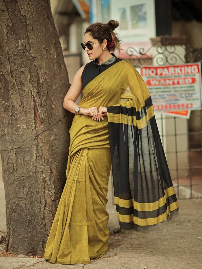 Image of Women's Cotton Woven Soft Sarees With Attach Blouse Piece.