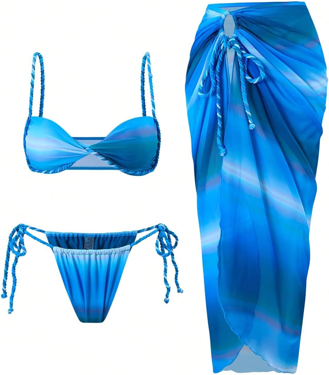 WDIRARA Women's 3 Piece Bikini Set Ombre Twist Ruched Swimsuit with Split Beach Skirt - Image 4