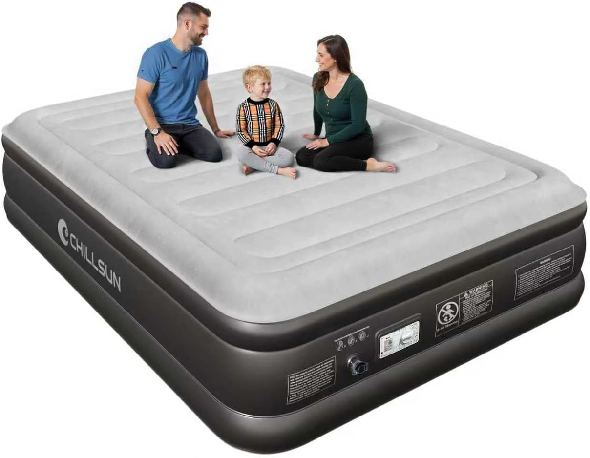CHILLSUN Materasso gonfiabile aggiornato, letto matrimoniale/king size con pompa elettrica integrata, letto gonfiabile autogonfiante per ospiti per campeggio o uso domestico, 203 cm di lunghezza x 152
