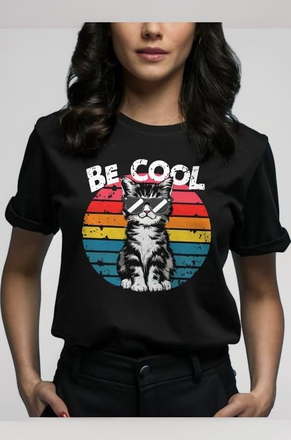 Vintage Cat Tshirt for Women Black Cotton Half Sleeve, Be Cool Cat