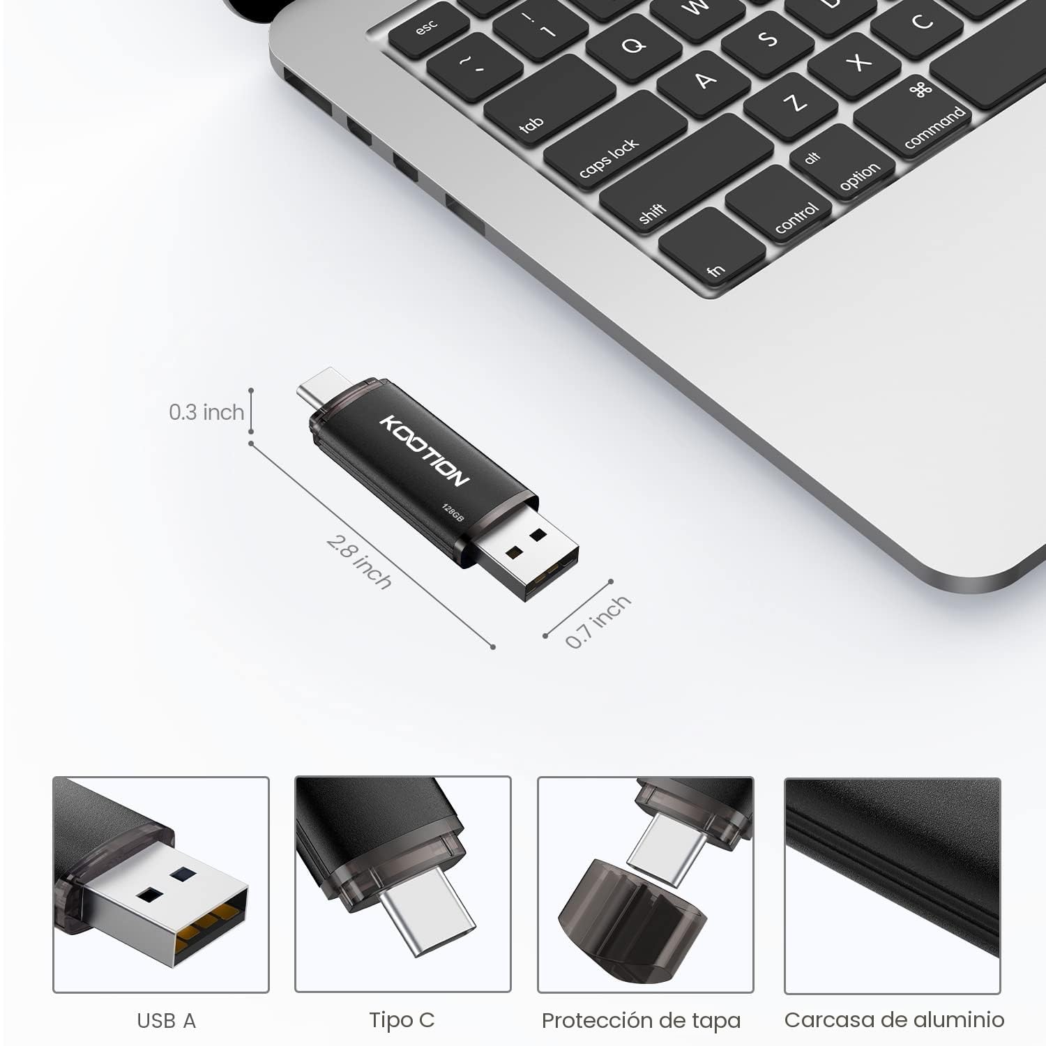 KOOTION Memoria USB de 128 GB, USB C OTG 2.0, 2 en 1, 128 G, Unidad Flash Tipo C Flash Drive 128 Gbyte con Llavero Impermeable para PC/portátil, teléfono móvil Tipo C