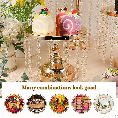 Bokon 6 Pcs Crystal Gold Cake Stand Round Dessert Cupcake Holder Metal Stand Table Cake Pedestal with Crystal Pendant and Wedding Bead Dessert Cupcake Pastry Display Plate for Wedding Birthday Party - Image 7