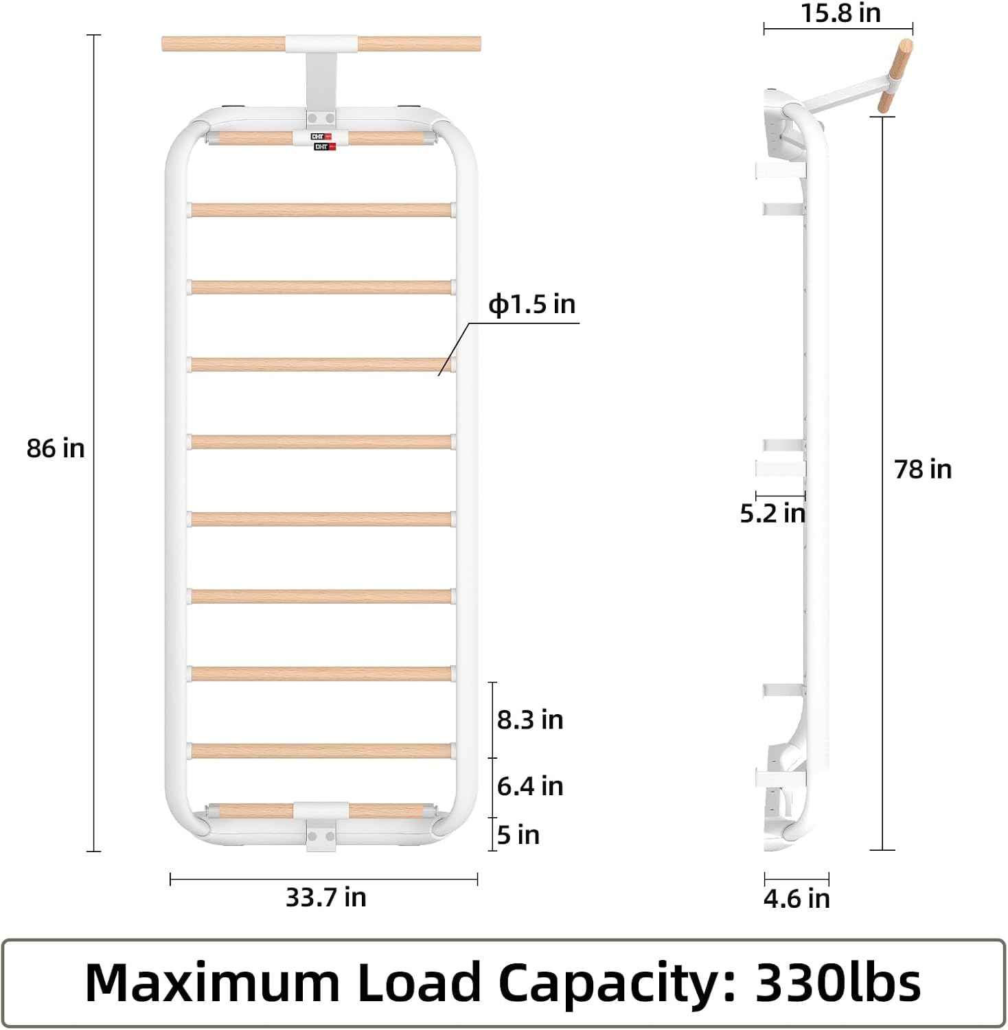 DHT Swedish Ladder 2.0, Wood Stall Bar with Suspension Trainer Straps, Pull-Up Dip Bar Attachment, 11 Strategic Rods, for Home, School, Physical Therapy and Gymnastics
