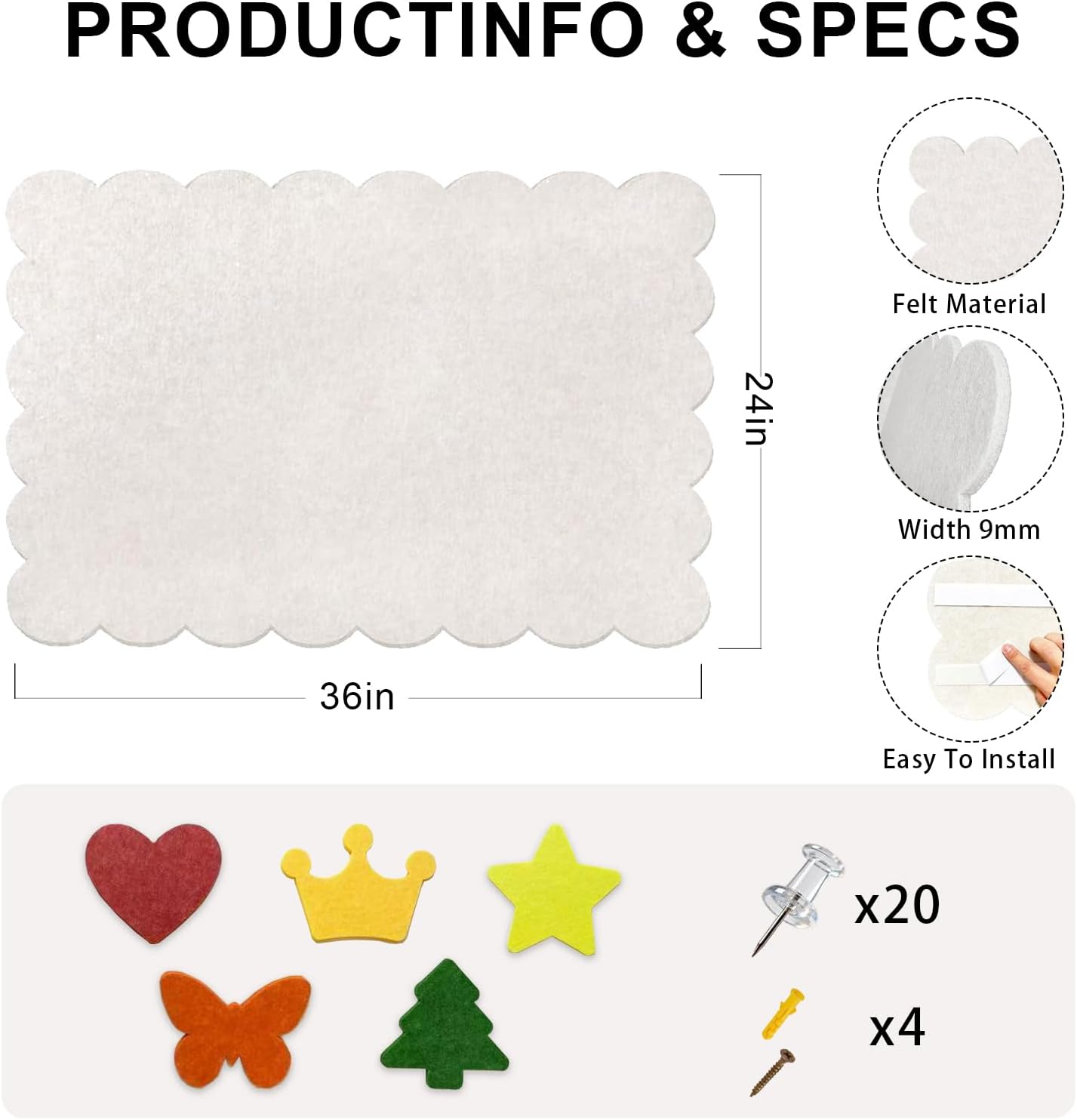 Scalloped Bulletin Board, 36x24 Scalloped Felt Bulletin Board, 3' by 2' Trifold Foldable Picture Display with 20 Pins & 5 Cute Decors - Beige
