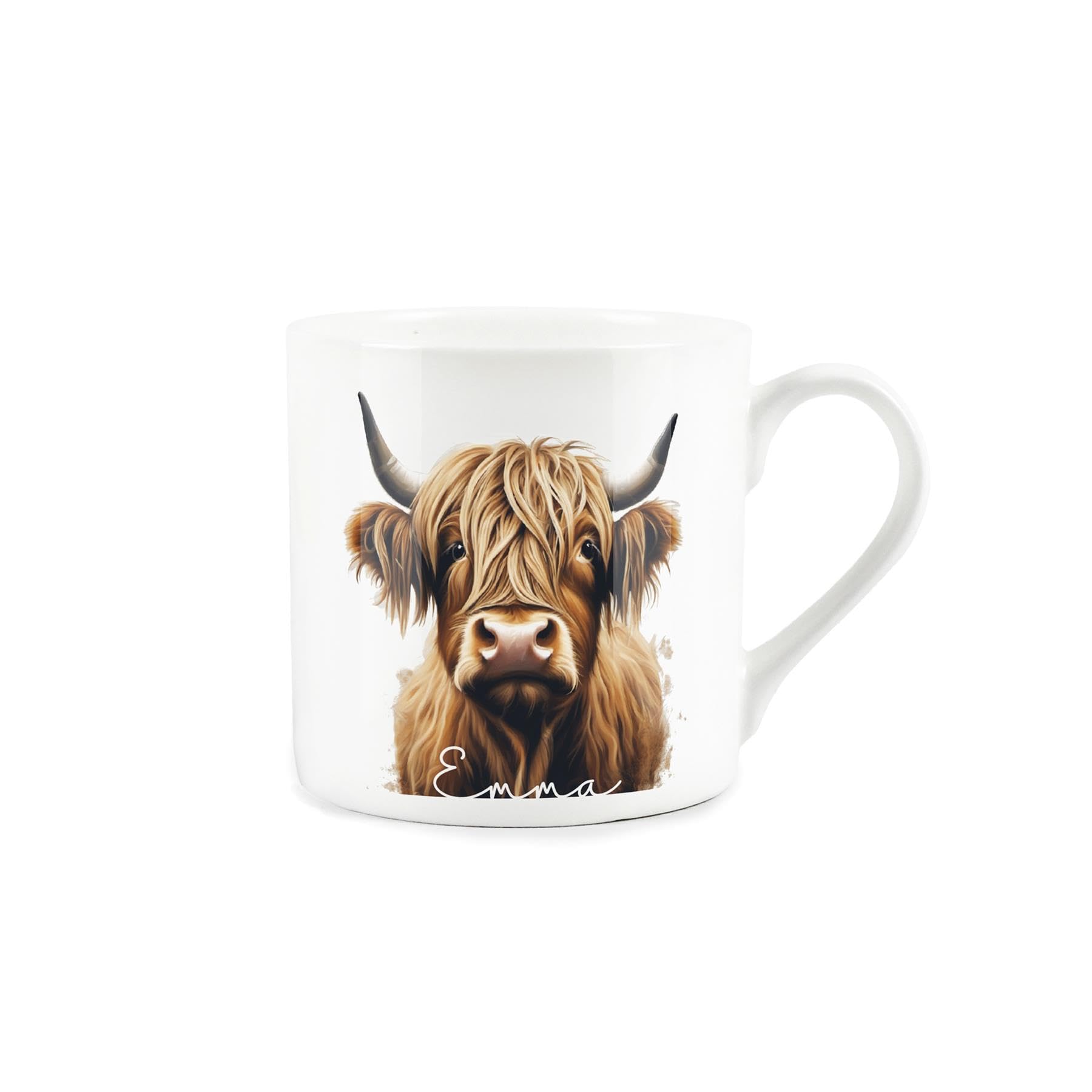 Highland Cow Mug - Custom Name Personalised Gift - White Bone China Coffee/Tea Present