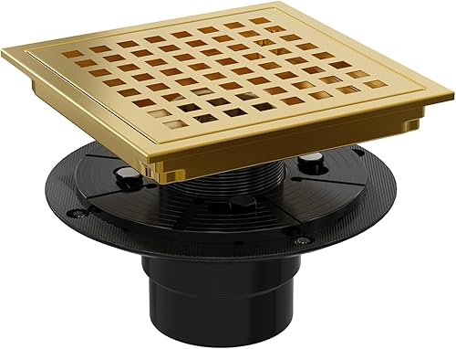 Miniatura 20 de Desagüe de ducha cuadrado de 4 pulgadas con brida, kit de drenaje de suelo de ducha de azulejos dorados cepillados, acero inoxidable 304, rejilla