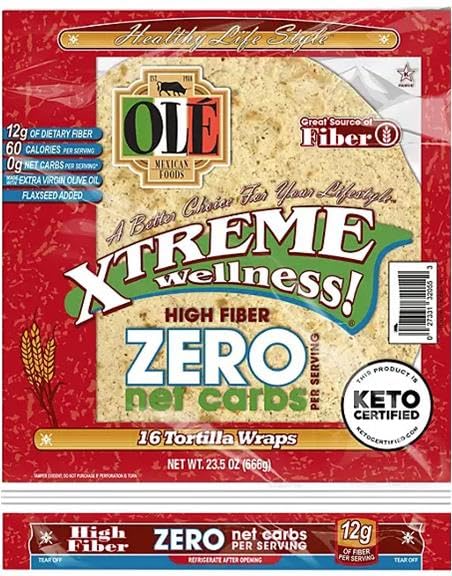 Ole Xtreme Wellness ZERO Net Carbs High Fiber Tortilla Wraps, 8 in., 16 ct. Family Pack, Low Carb Keto Friendly Tortillas
