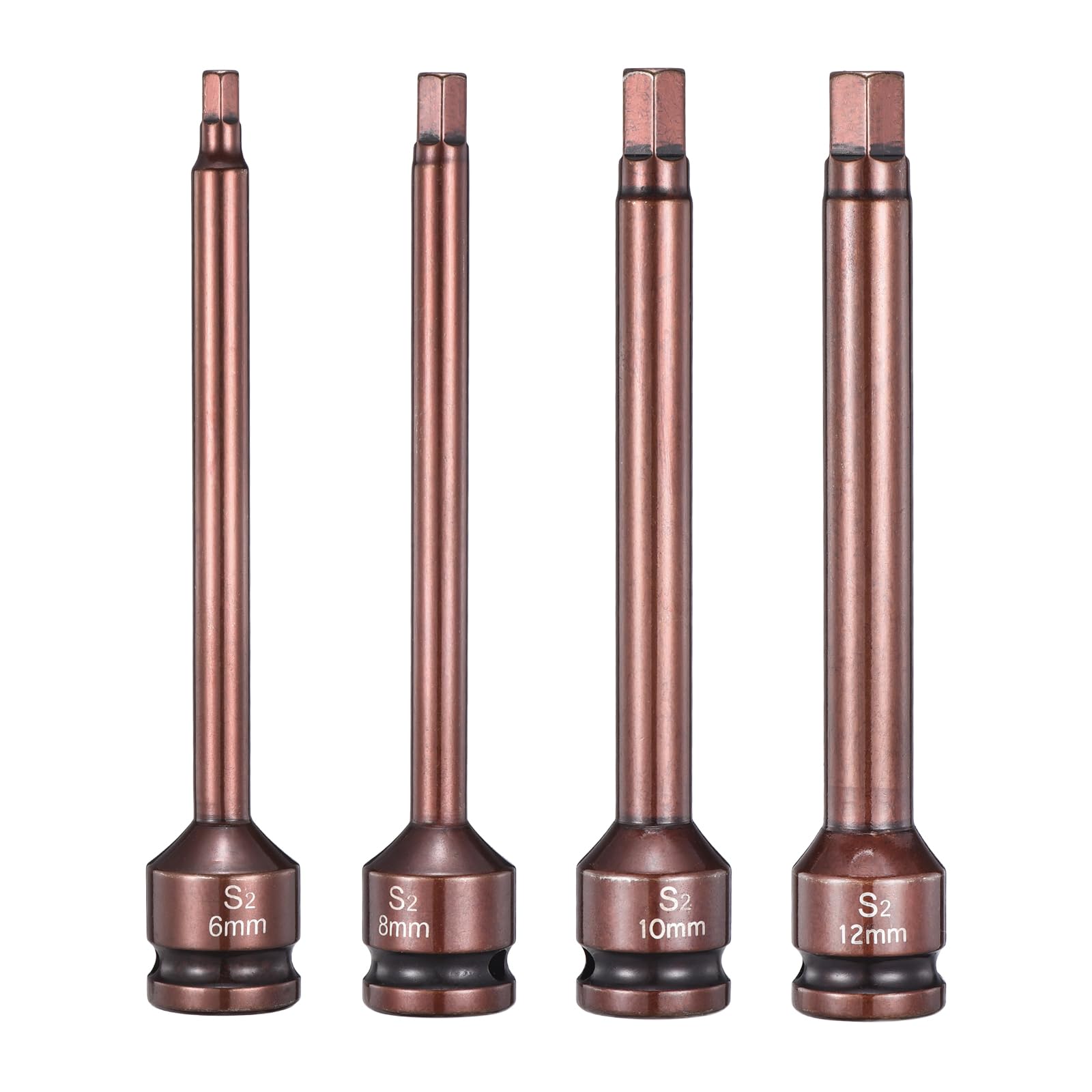 sourcing map 4pcs Impact Hex Bit Socket 1/2" Drive 6H+8H+10H+12H (6+8+10+12mm) Hex Bits 6" Length S2 Steel Metric Impact Wrench Socket Adapter Tool for Automotive Repair Industrial Home DIY — image 1