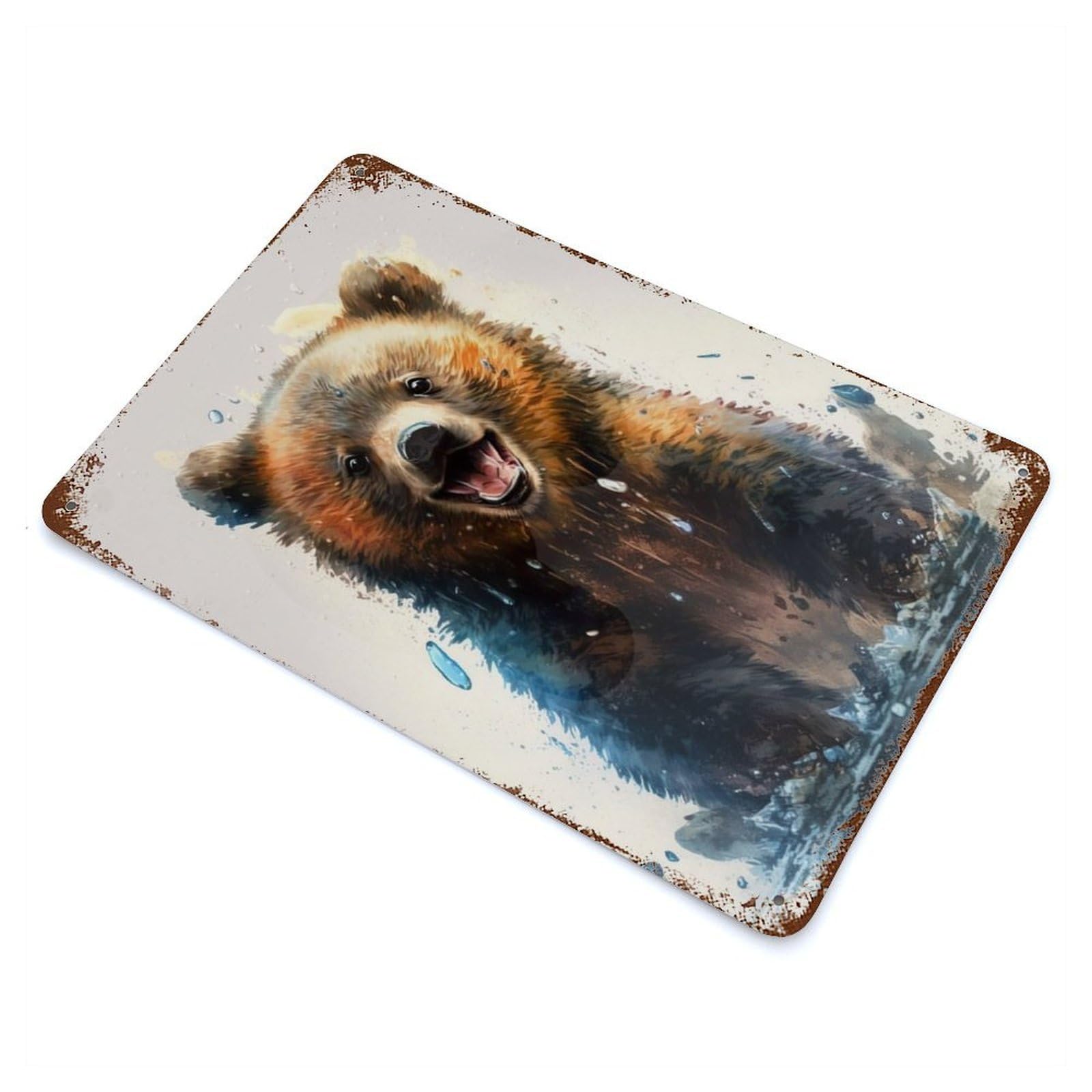 Garage Style Bear Watercolor Drawing Rustic Tin Plaque 11.8"x7.9", Classic Wall Plaque for Bar And Workshop