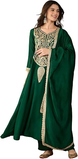 Naixa Women's Vichitra Silk with Lining Embroidered Flared Kurta with Pant and Dupatta Sets (NX-867)
