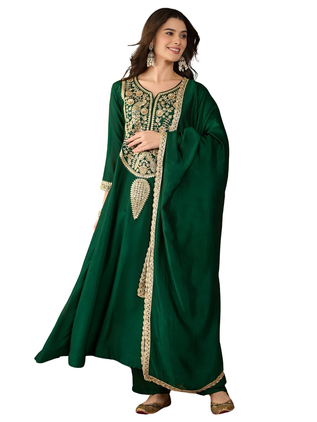 Naixa Women's Vichitra Silk with Lining Embroidered Flared Kurta with Pant and Dupatta Sets (NX-867) - Review, Price and Buying Guide
