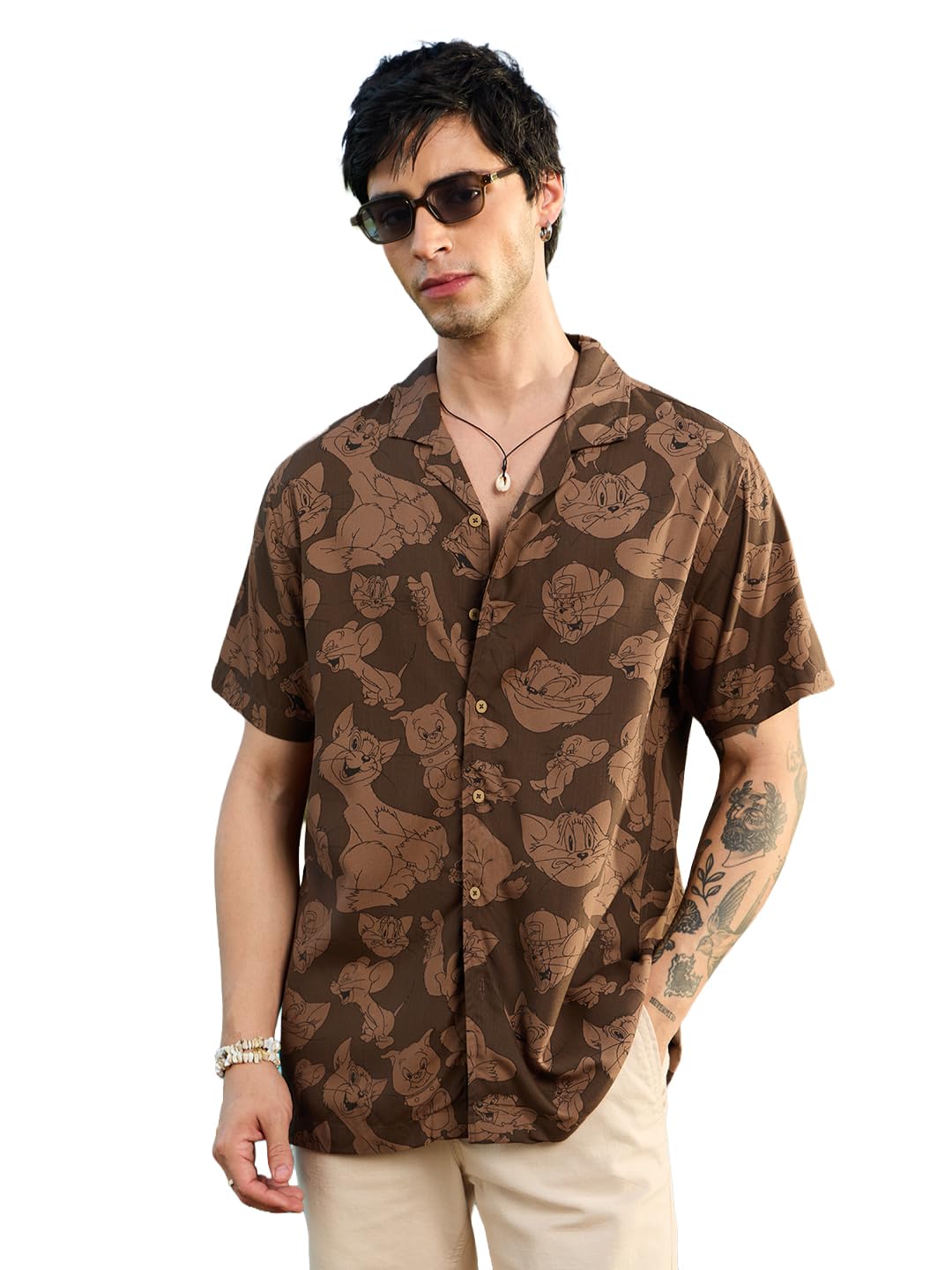 the souled store Tom & Jerry: Mischief Men and Boys Short Sleeve Cuban Collar Brown Graphic Printed Rayon Easy to Style Casual Funky Regular Fit Holiday Shirt-picture-11