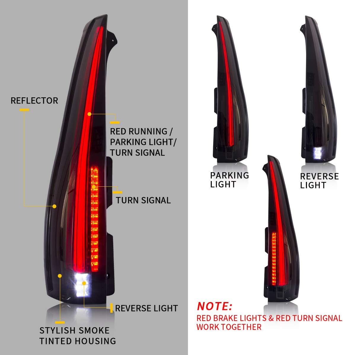 YUANZHENG LED Tail Lights Assembly For 2007-2014 Cadillac Escalade/Escalade ESV, With Red Turn Signal, Not Compatible on Premium, Hybird Models