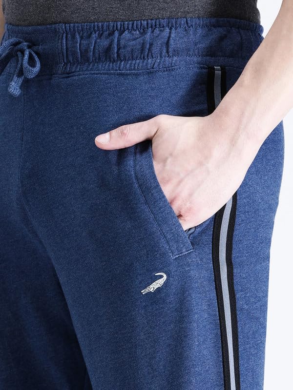 Image of CROCODILE Men Solid French Terry Joggers | Classic Fit | Mid Rise | Drawstring Closure | Ankle Length | Casual Wear Navy Melange