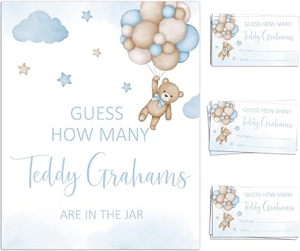 We Can Bearly Wait Baby Shower Games Guess How Many Bear Game Sign and String Card for 50 Guests for Boys Baby Shower, routine, Blue