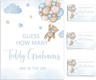 We Can Bearly Wait Baby Shower Games Guess How Many Bear Game Sign and String Card for 50 Guests for Boys Baby Shower, routine, Blue