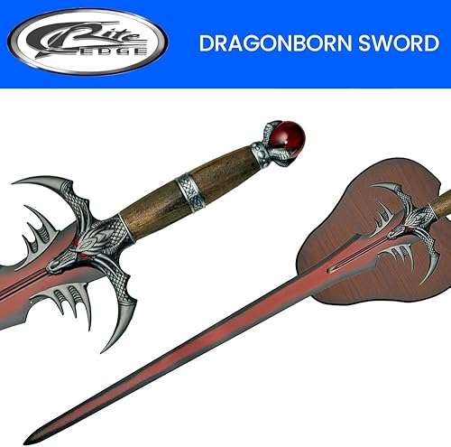 Miniatura 2 de Szco Espada de fantasía Dragonborn de 42.5 pulgadas, hoja decorativa roja y negra con mango de madera y placa de pared, espada coleccionable para