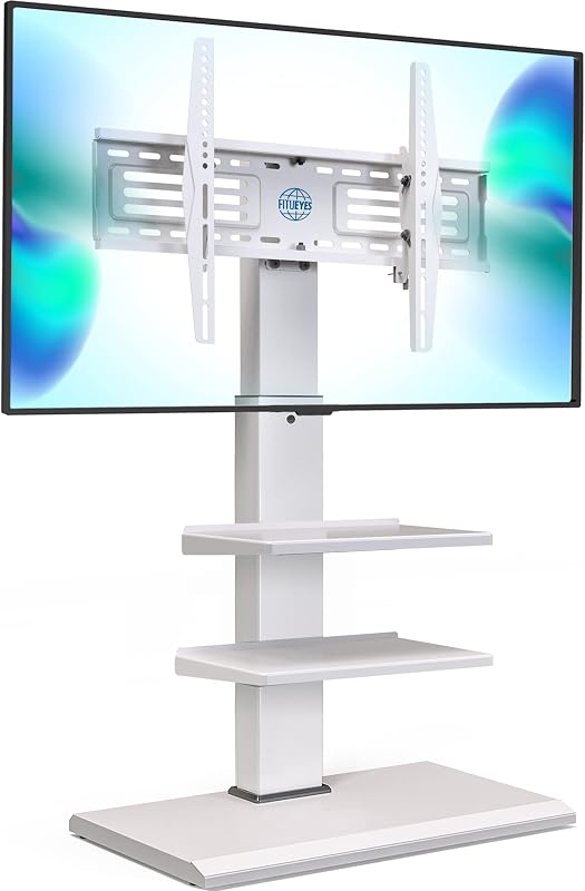 FITUEYES Universal Floor TV Stand for 32-75" TVs, Height-Adjustable, White | Corner TV Stand with Swivel Tilt, Iron Base TV Mount with Cable Management, TV Stand with Shelves for Living Room, Bedroom