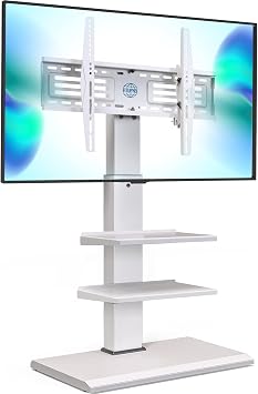 FITUEYES Iron Base Universal Floor TV Stand with Swivel Tilt, TV Mount Stand for 32-75 Inch Screens, Corner TV Stand with Height Adjustable Entertainment Shelves White