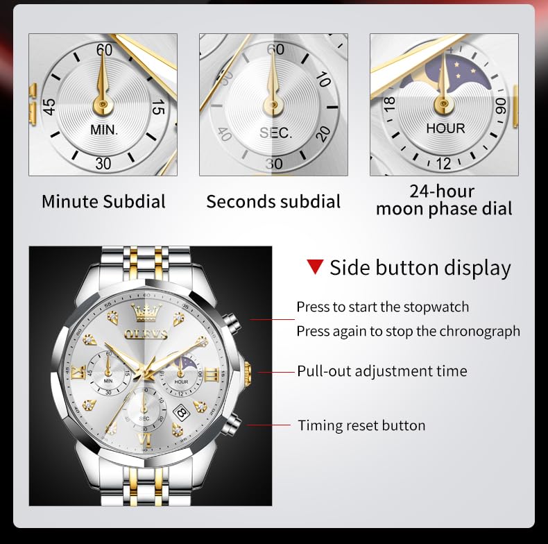 Image of OLEVS Watches for Men Luxury Diamond Casual Large Dial Watches Stainless Steel Waterproof Business Dress Analog Luminous Date Mens Watches