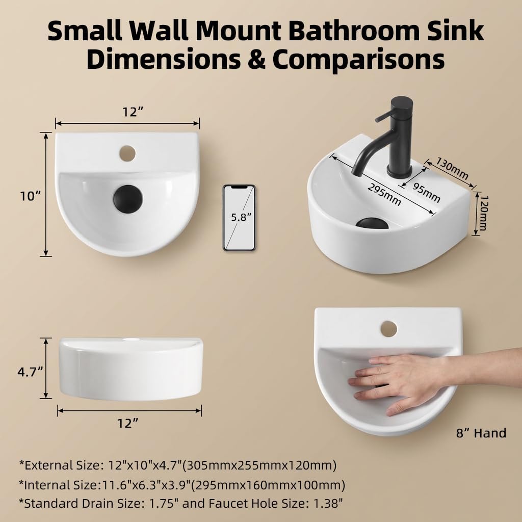 Small Wall Mount Sink Bowl 12" X 10" White Ceramic Wall Hung Sink