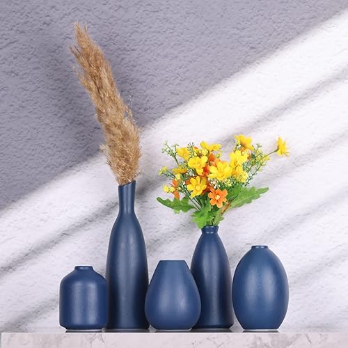 Miniatura 5 de Jarrón de cerámica azul Juego de 5 jarrones azules con diseño moderno de granja azul marino decorativo para el hogar, oficina, sala de estar,