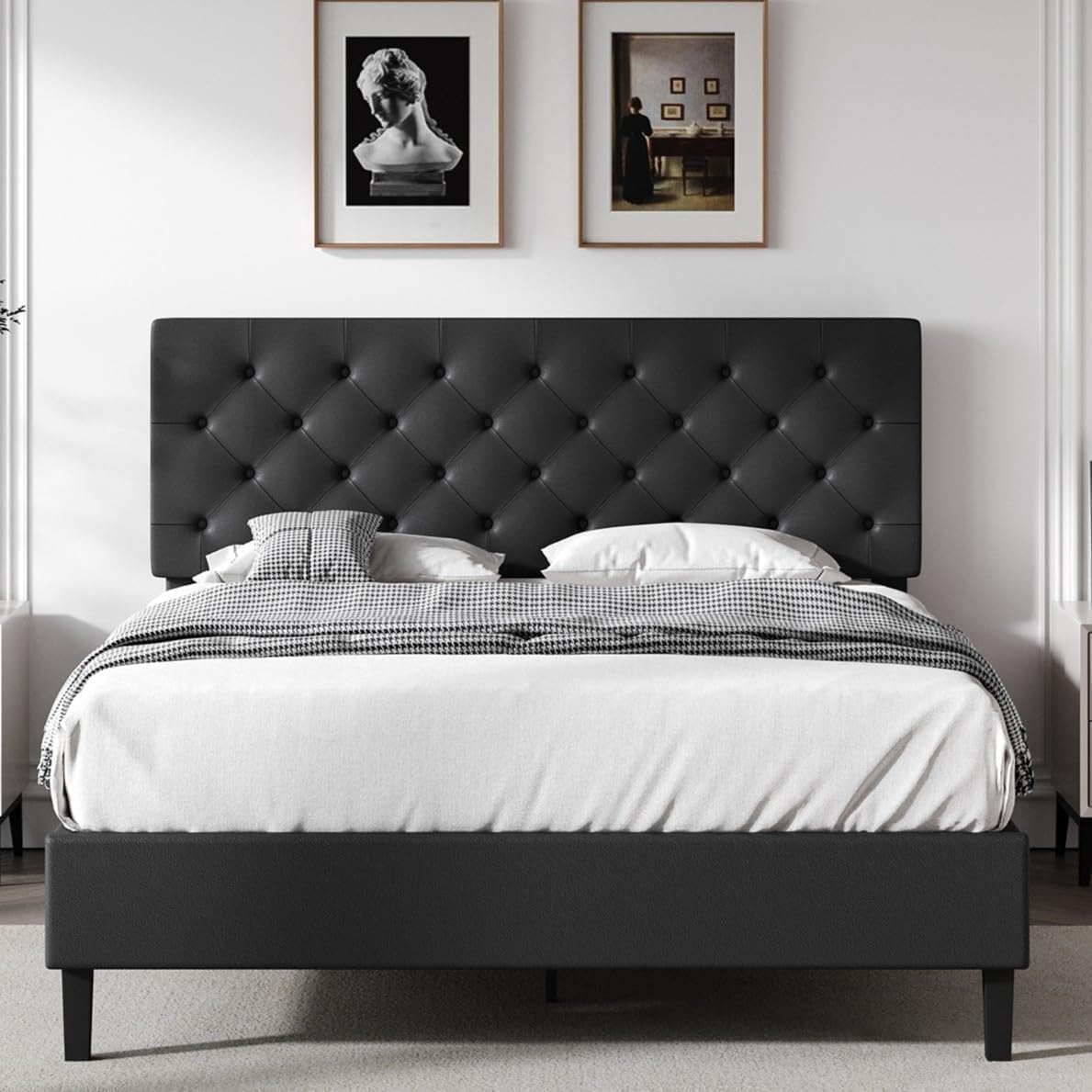 REVOMINCA Queen Bed Frame with Headboard, Faux Leather Upholstered Platform Bed Frame, Black Bed Frame Queen Size, Wooden Slat Support, No Box Spring